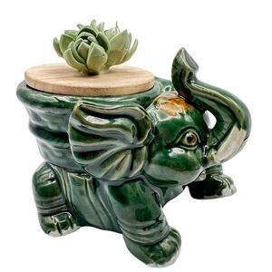 Elephant Succulent Planter Vtg Green Lucky Trunks Up Bamboo MCM Candle Holder